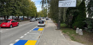 Синьо-жовта розмітка зони короткої зупинки біля школи в Рашині