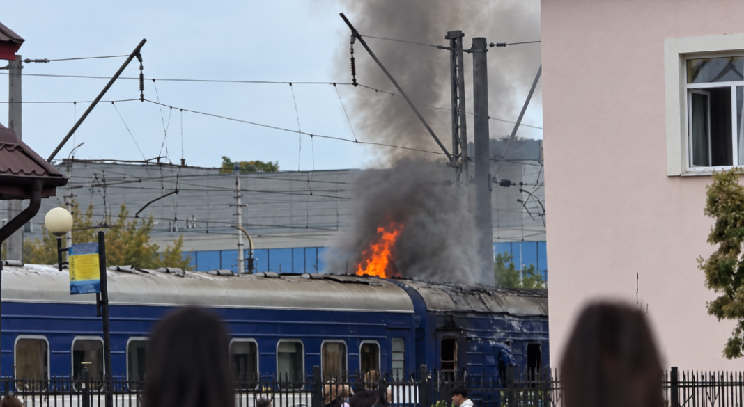 A passenger train in Lutsk following a drone attack