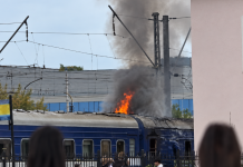 A passenger train in Lutsk following a drone attack