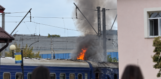 A passenger train in Lutsk following a drone attack