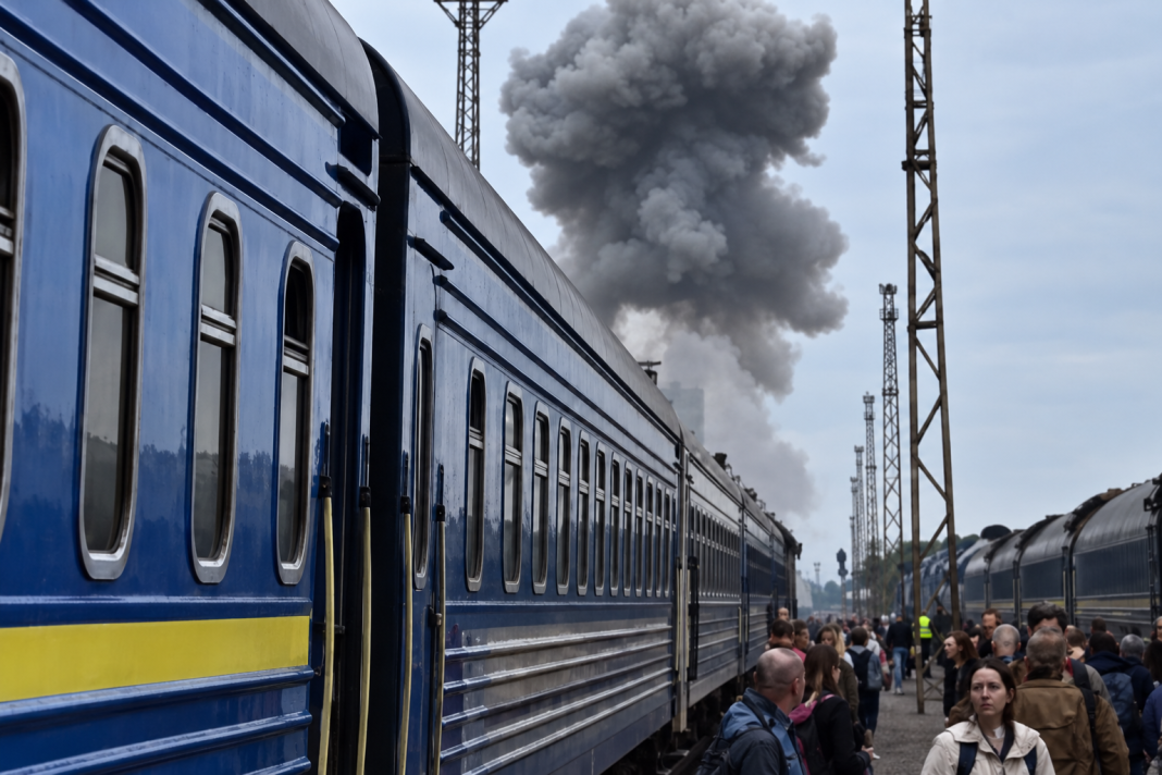A passenger train near the border with Poland during a Russian drone attack