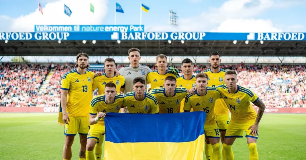The Ukraine national football team players before the match.