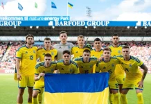 The Ukraine national football team players before the match.