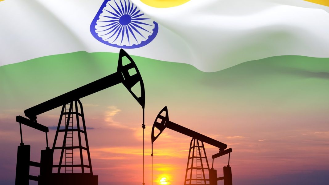 Oil pumps against the backdrop of the Indian flag