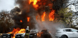 The building of the National Academy of Sciences of Ukraine in Kyiv, damaged as a result of a Russian attack