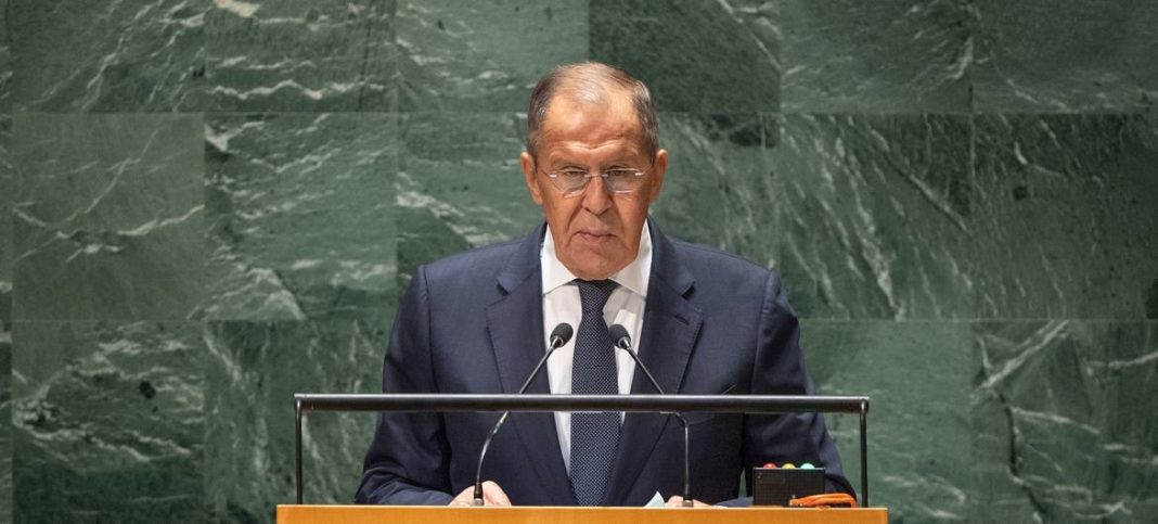 Sergey Lavrov speaks from the rostrum of the UN General Assembly