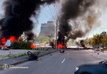 Two people were killed in Dnipro following a second attack by the Russian Federation Firefighters are putting out a fire following an attack in Dnipro