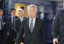 Eisuke Mori, Speaker of the House of Representatives of Japan, during a visit to Kyiv