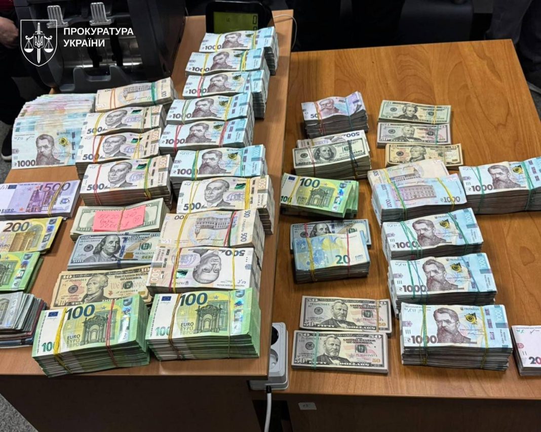 Cash seized by law enforcement officers during searches carried out as part of Operation BEB. The BEB seized millions of hryvnias during searches at a money-laundering centre