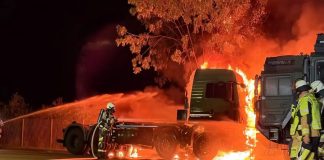 Firefighters are putting out a Bundeswehr lorry near Magdeburg