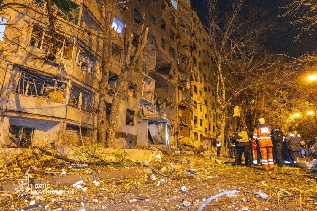 The aftermath of the Russian strike on a high-rise building in Kharkiv