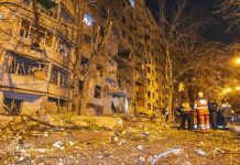 The aftermath of the Russian strike on a high-rise building in Kharkiv