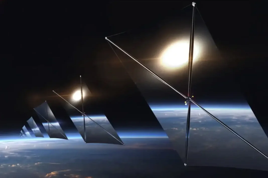 A visualisation of the Reflect Orbital mirror satellite in orbit above the Earth at night A visualisation of the Reflect Orbital mirror satellite in orbit above the Earth at night