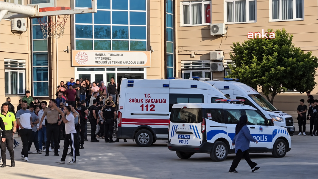 Police and ambulances at the secondary school in Turgutlu following a shooting