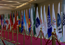 The US has invited Russia to the G20: will Zelenskyy, Putin and Trump meet? Flags of countries and international organisations lining the red carpet.