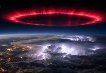 Гігантське червонувате світлове кільце ELVE у верхніх шарах атмосфери над грозовими хмарами.