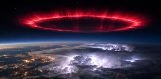 Гігантське червонувате світлове кільце ELVE у верхніх шарах атмосфери над грозовими хмарами.
