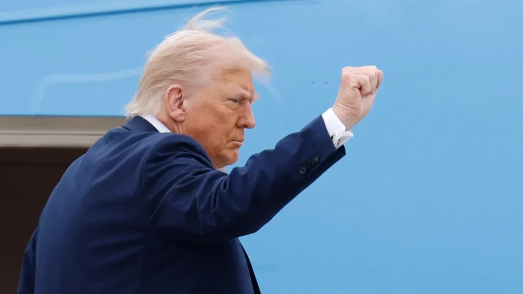 Donald Trump, wearing a dark suit, raises a clenched fist against the backdrop of a blue aeroplane