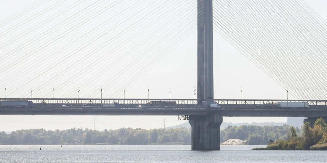 The Southern Cable-Stayed Bridge in Kyiv over the Dnipro, with motor vehicles on the carriageway