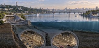 Conceptual rendering of a road tunnel beneath the Dnipro River in Kyiv, featuring two underground carriageways