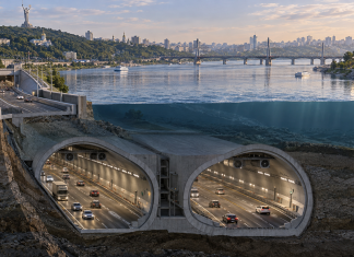 Conceptual rendering of a road tunnel beneath the Dnipro River in Kyiv, featuring two underground carriageways