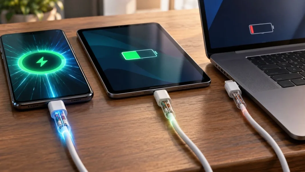 USB-C A smartphone, a tablet and a laptop are connected via USB-C cables with different charging speeds.