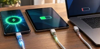 Why do identical USB-C cables charge devices at different speeds: what users need to know A smartphone, a tablet and a laptop are connected via USB-C cables with different charging speeds.