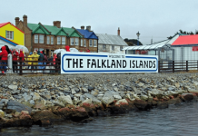 Falkland Islands — the ‘Welcome to the Falkland Islands’ sign off the coast of the archipelago