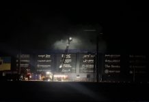 Fire engines and rescue workers near the «Epicentre» shopping centre following a night-time Russian attack near Chernihiv on 9 October 2026.