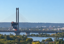 The South Bridge in Kyiv after being hit by a drone