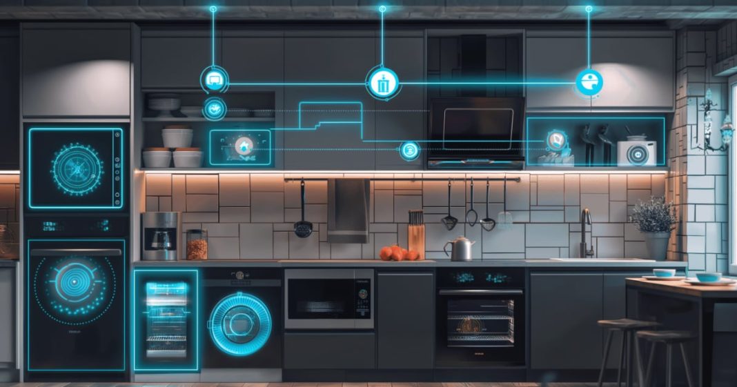 AI_at-home A smart kitchen with appliances connected to the mains