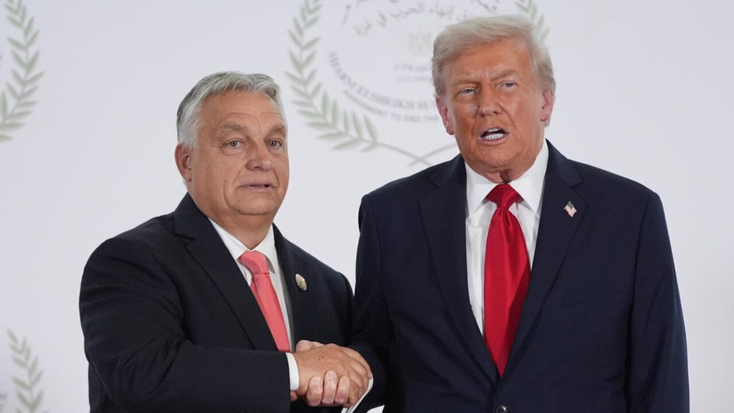AP25286646420687 Donald Trump and the former Prime Minister of Hungary, Viktor Orbán, shake hands during a joint event.