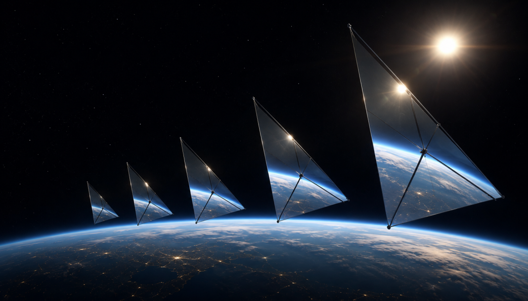 Mirror satellite A space satellite with a large mirror directs reflected sunlight onto the Earth’s surface at night.