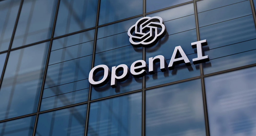 OpenAI logo The OpenAI logo on the building’s glass façade