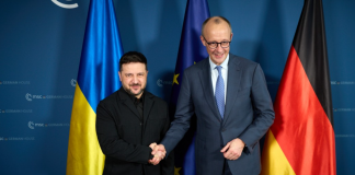 Volodymyr Zelenskyy during a meeting with Chancellor Merz