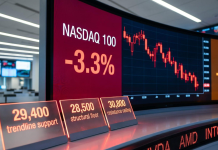 Біржовий екран із графіком падіння технологічного індексу Nasdaq 100 та індексу S&P 500