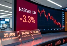 Біржовий екран із графіком падіння технологічного індексу Nasdaq 100 та індексу S&P 500