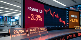 Intel shares plummeted by 29%: the US stock market took a sharp tumble A stock market screen showing a chart of the fall in the Nasdaq 100 technology index and the S&P 500 index