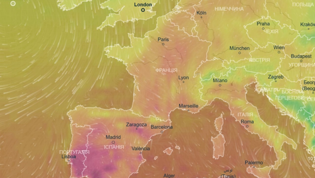 Weather map of Europe A weather map of Europe showing heatwave zones over Spain and Portugal