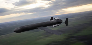 An illustration of a Russian jet-powered attack drone in flight