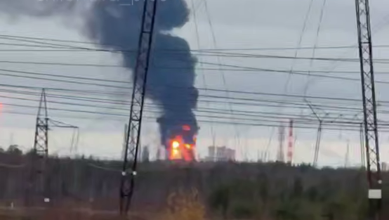 The Surgut fire Smoke rising above an industrial area against a backdrop of power lines following reports of a drone attack in the Surgut district.