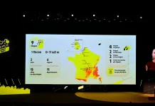 Tour de France 2027: старт у Шотландії та фініш на вулкані Презентація маршруту жіночого Тур де Франс 2027 з картою Франції на великому екрані
