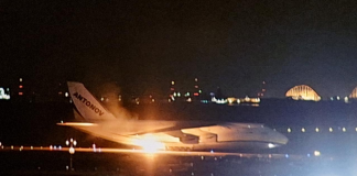 A Ukrainian An-124 «Ruslan» caught fire whilst landing in Japan A Ukrainian An-124 «Ruslan» transport aircraft operated by Antonov Airlines during a night-time landing at Chubu Airport in Japan