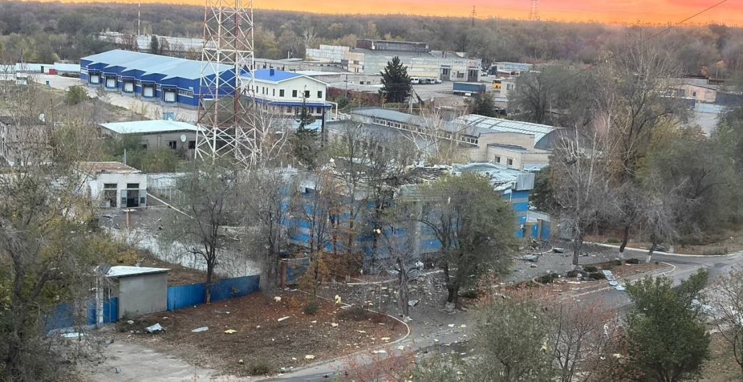 Damaged buildings and debris on the site of the "Marshal" industrial complex"