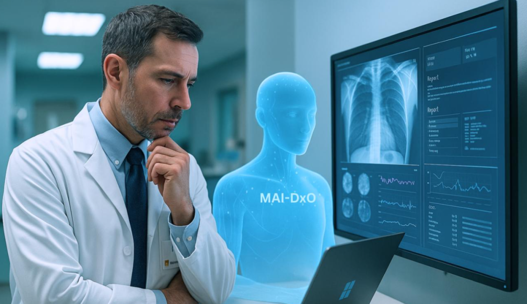 The doctor analyses an X-ray of the lungs using Microsoft’s MAI-DxO artificial intelligence software on a computer.