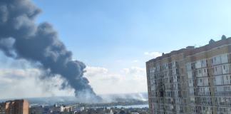 A column of black smoke rising above Rostov-on-Don following the attack on the NZNP oil terminal on 10 October 2026.