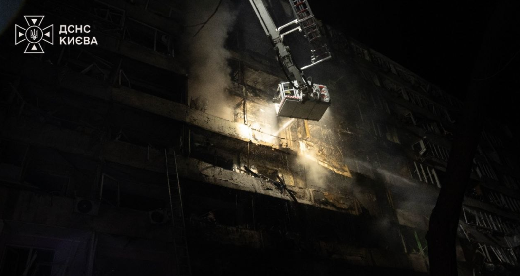 The attack on 14 October Rescue workers from the State Emergency Service are putting out a fire in a damaged high-rise block in Kyiv following a Russian missile attack on 14 October 2026