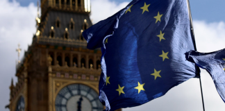 The flag of the European Union flies against the backdrop of Big Ben in London