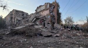 A block of flats in Pryluky following a night-time attack by the Russian Federation