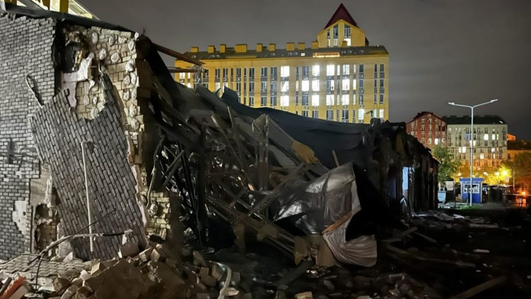 Attack on the capital A partially destroyed single-storey brick building in Kyiv following a Russian ballistic attack